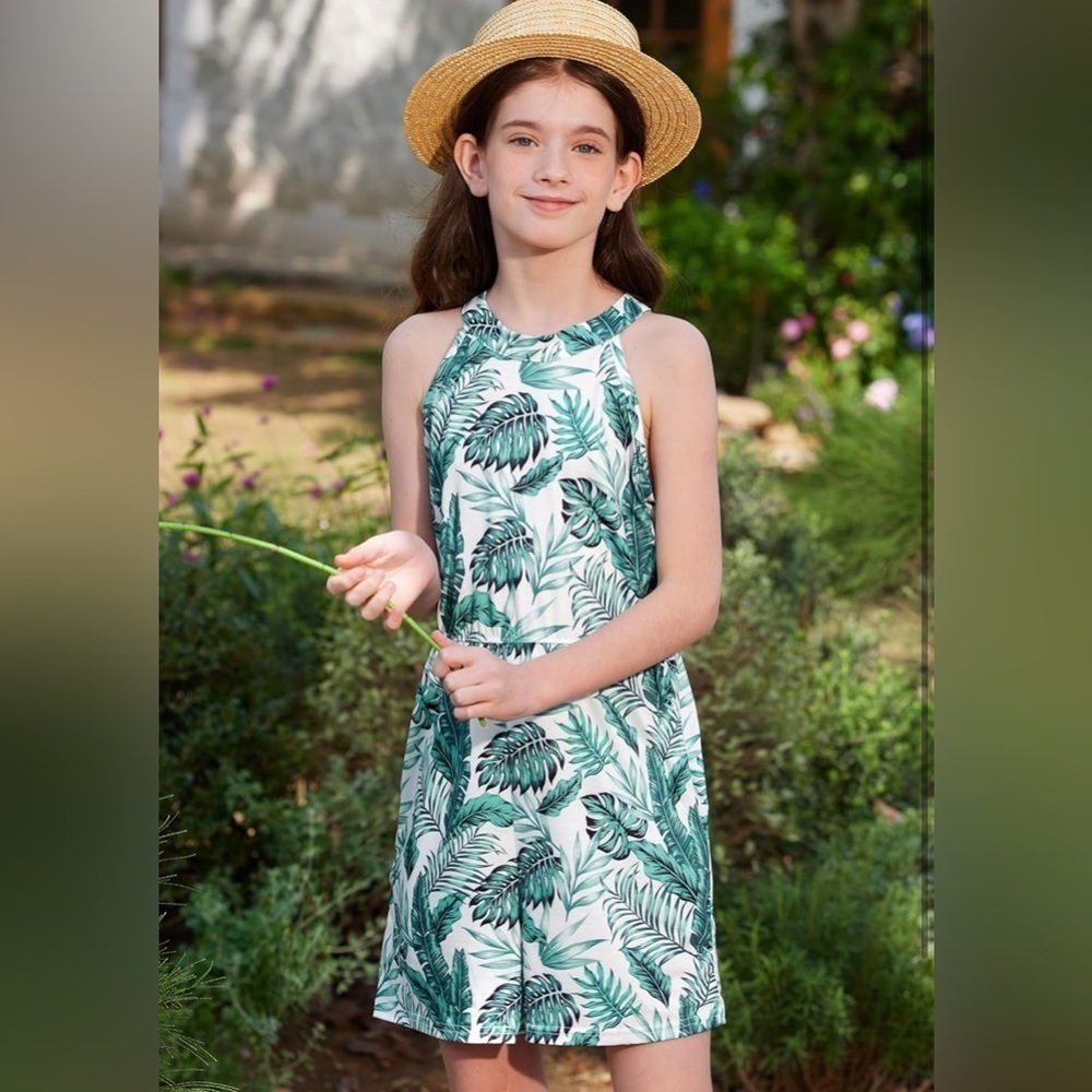 Tropical Leaf Print Halter Romper (016) - Picture 3 of 4
